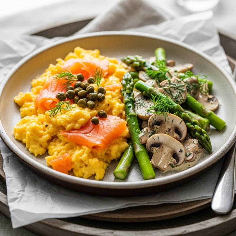 Keto-Friendly Nordic Brunch Medley: Smoked Salmon Scramble with Creamy Asparagus and Mushroom Sauté
